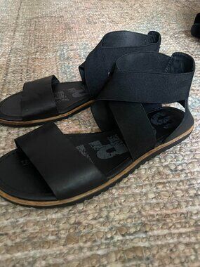 SOREL Womens Ella Gladiator Leather Sandals Black Elastic Strappy Size 8